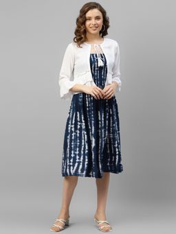 Deebaco - Tie and Dye Smocking Navy Blue Dress with Jacket