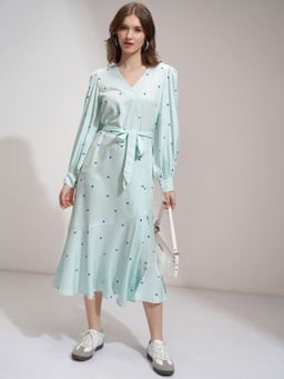 TOKYO TALKIES - Printed Asymmetric Tiered Blue Dress