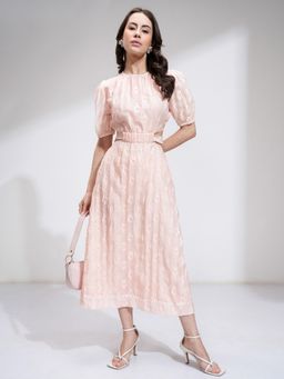 TOKYO TALKIES - Floral Puff Sleeve with Back Tie Up Peach Dress