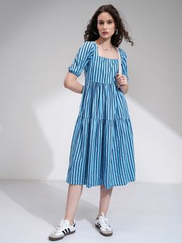 TOKYO TALKIES - Stripe Fit Flare Tier Blue Dress