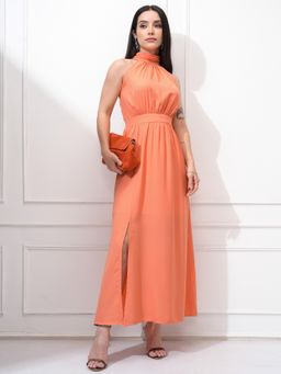 TOKYO TALKIES - Solid Halter Neck Side Slit Orange Dress
