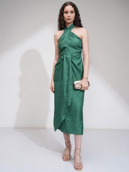 TOKYO TALKIES - Jacquard Halter Neck Wrap Green Dress