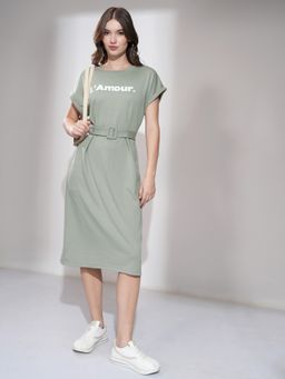 TOKYO TALKIES - Print A-Line Olive Dress with Belt