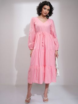 TOKYO TALKIES - Embroidered Bishop Sleeve Fit and Flare Pink Dress