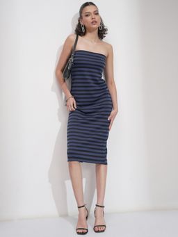 TOKYO TALKIES - Strapless Striped Bodycon Blue Dress