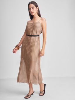 TOKYO TALKIES - Accordion Pleats Shoulder Straps Sleeveless Khaki Dress