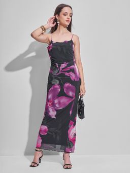 TOKYO TALKIES - Floral Printed Sheath Black Dress