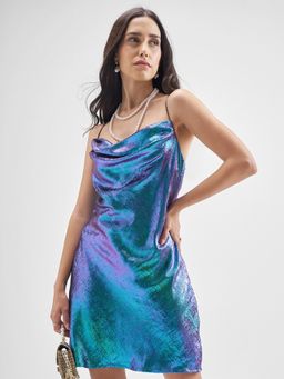 TOKYO TALKIES - Cowl Neck Sheath Blue Dress