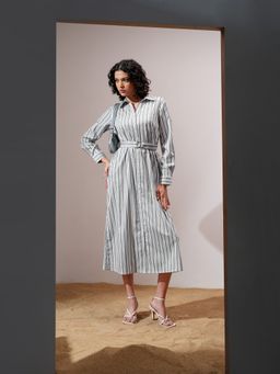 TOKYO TALKIES - Striped Shirt White Dress with Belt