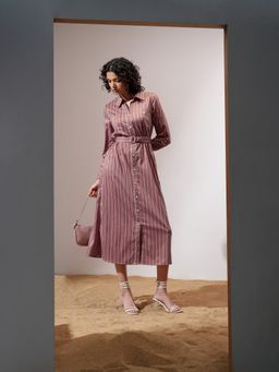TOKYO TALKIES - Striped Shirt Rust Dress with Belt