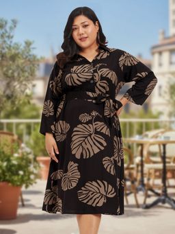 Martini - Brown Plus Size Tropical Print Shirt Dress