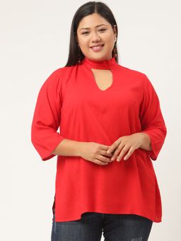 theRebelinme - Plus Size Women Red Solid Color High Neck Top