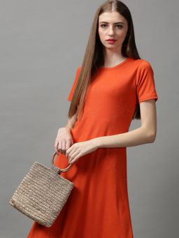 SHOWOFF - Womens Round Neck Embellished Rust Midi Dress