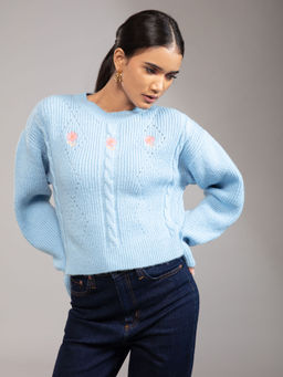Twenty Dresses by Nykaa Fashion - Blue Embroidered Round Neck Sweater
