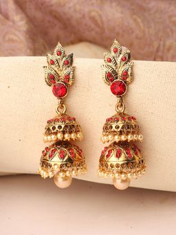 Anika's Creations - Traditional Gold Tone Leaf Motif Stone and Pearl 2 Floor Red Jhumka Earring