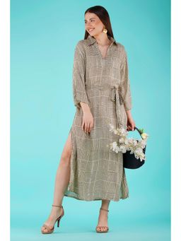 ANYSA - Beige Side Slits Hazel Dress With Belt (Set of 2)