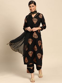 Gerua By Libas - Plus Size Black Printed Rayon Suit (Set of 3)