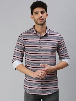 SHOWOFFFF - Men Full Sleeves Peach Horizontal Stripes Shirt