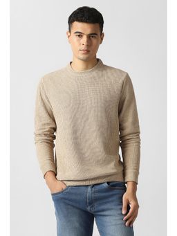 Van Heusen - Men Beige Textured Crew Neck Sweatshirt