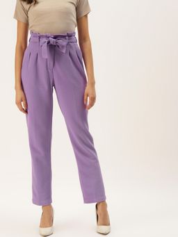 ZASTRAA - Women Purple Solid Slim Fit Peg Trousers with Belt