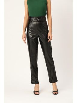 ZASTRAA - Women Black Solid Smart Slim Fit High-Rise Trousers with Belt