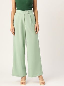 ZASTRAA - Women Sea Green Smart Flared Pleated Trousers