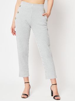ZASTRAA - Women White Checked Relaxed Straight Leg Straight Fit Cigarette Trousers