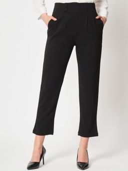ZASTRAA - Women Black Peg Leg Slim Fit High-Rise Pleated Formal Trousers