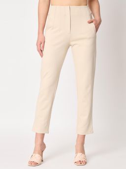 ZASTRAA - Women Beige Urban Slim Fit High-Rise Cropped Trousers
