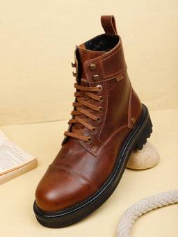 EZOK - Leather Lace Up Tan Casual Boots for Men