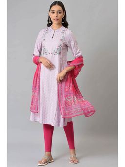 W - Lilac Embroidered Kurta Leggings with Dupatta (Set of 3)