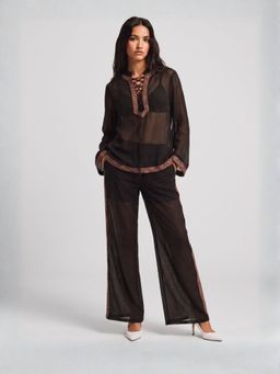 NISHORAMA - Black Mul Solid/Plain Full Sleeves Relaxed Fit Top With1 Pant