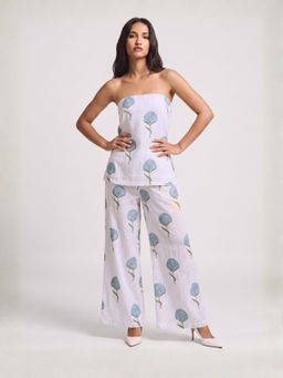 NISHORAMA - White Cotton Printed Sleeveless Loose Fit Top With1 Pant