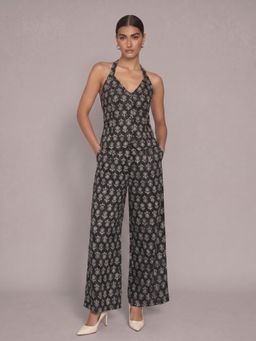 NISHORAMA - Black Cotton Printed Sleeveless Slim Fit Top With Pant