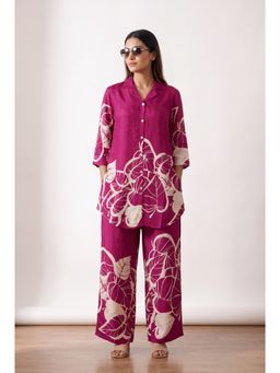 Jisora - Pink Silk Printed Three Fourth Sleeves Regular Fit Shirt With1 Pant