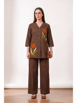 Jisora - Brown Cotton Flex Embroidered Three Fourth Sleeves Regular Fit Shirt With1 Pant