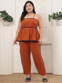 JAKANARY - Orange Polyester Solid/Plain Sleeveless Oversized Fit Top With1 Trousers