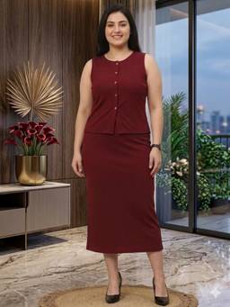 JAKANARY - Red Polyester Solid/Plain Sleeveless Oversized Fit Top With1 Skirt