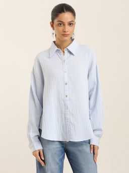 Label Ritu Kumar - Blue Solid/Plain Collar Neck Full Sleeves Shirt