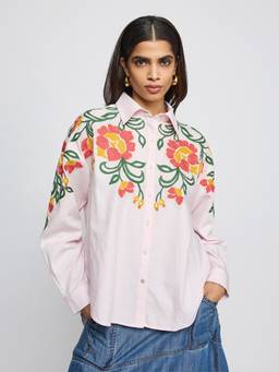 Label Ritu Kumar - Pink Embroidered Collar Neck Full Sleeves Shirt