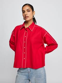 Label Ritu Kumar - Red Solid/Plain Collar Neck Full Sleeves Shirt