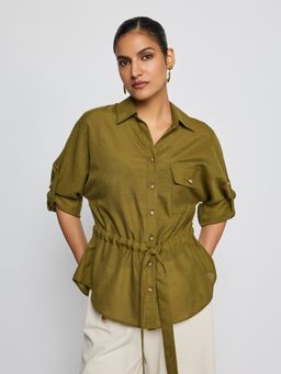 Label Ritu Kumar - Olive Solid/Plain Collar Neck Three Fourth Sleeves Shirt