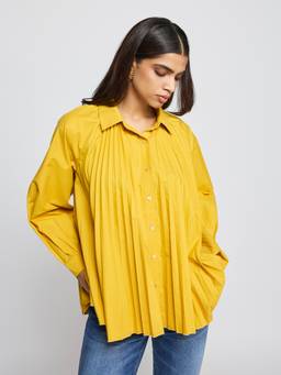 Label Ritu Kumar - Yellow Floral Collar Neck Full Sleeves Shirt