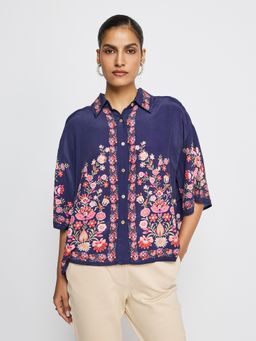 Label Ritu Kumar - Navy Blue Printed Collar Neck Three Fourth Sleeves Shirt
