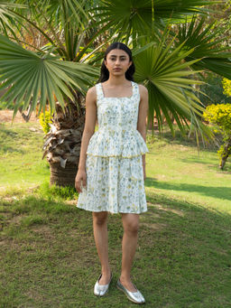 Anuvas - White Dobby Floral Peplum Flared Fit Dress
