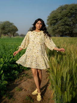 Anuvas - Yellow Cotton Floral A-Line Fit Dress
