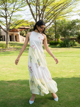 Anuvas - White Cotton Floral Flared Gathered Fit Dress