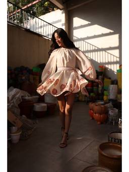 Anuvas - Ivory Cotton Floral A-Line Fit Dress with Belt