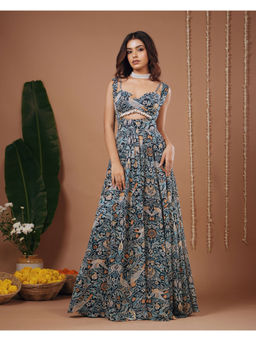 AHI Clothing - Navy Blue Digital Print Indo Dress And Bustier