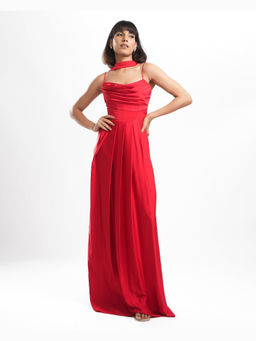 AHI Clothing - Vivienne - Hot Red Drape Long Dress With Scarf